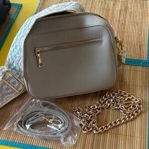 Chic Beige Crossbody Bag with Gold Chain